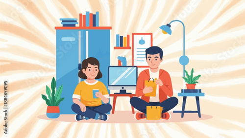 Two people sit cross-legged in a room with a cabinet, computer, and plants