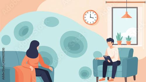 Two people sit in armchairs in a room with a large moon-like shape