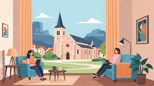 Two people relaxing indoors looking out at a picturesque village church scene