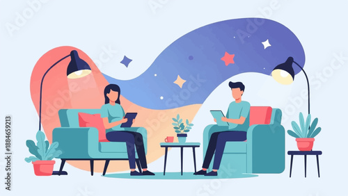 Two people relaxing indoors on couches, reading on tablets