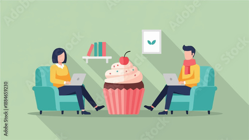 Two people sit in armchairs on opposite sides of a giant cupcake, working on laptops
