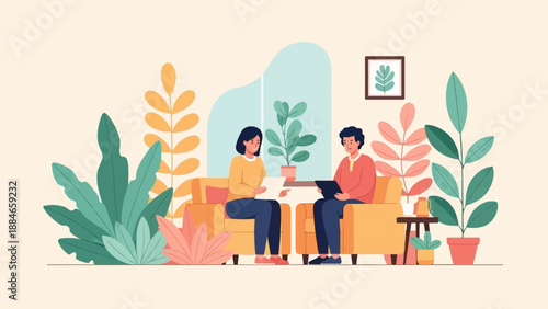 Two people sit on sofas in a room with plants and a window