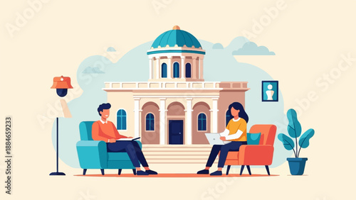 Two people relaxing indoors with a building in the background