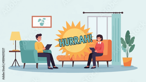 Two people sit on furniture, reading, with a sunburst saying "Hurrah!