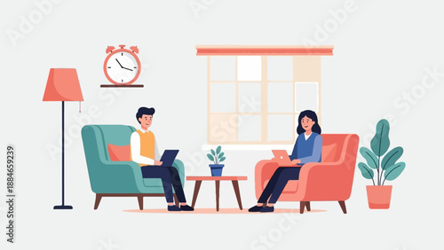 Two people sit in armchairs using laptops in a bright room