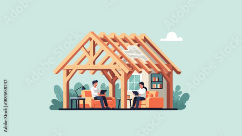 Two people sit on sofas inside a house under construction