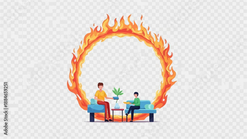 Two people sit on sofas inside a ring of fire, one handing a plant to the other