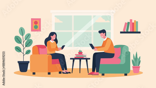 Two people sit on sofas reading on their devices, in a room