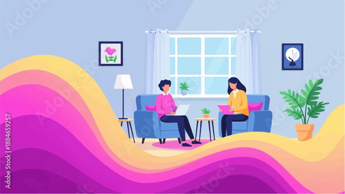 Two people sit on sofas using laptops in a modern living room with plants and window