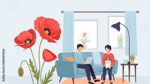 Two people relaxing on a couch with a dog and a laptop, poppies in foreground