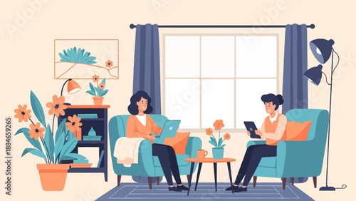 Two people relaxing indoors working on devices amidst plants and decor