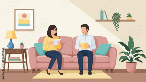 Two people relaxing on a sofa, reading books and papers in a cozy room