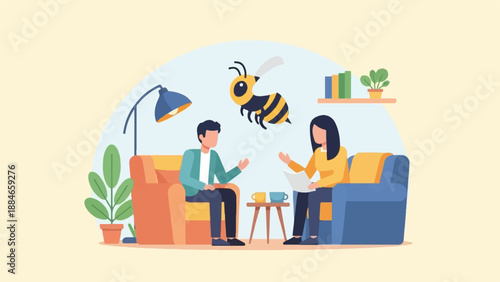 Two people sit in armchairs talking, a bee flies overhead