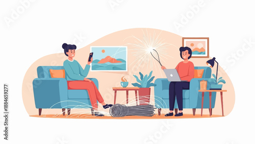 Two people relaxing indoors, one using a laptop, the other a phone, with sparklers