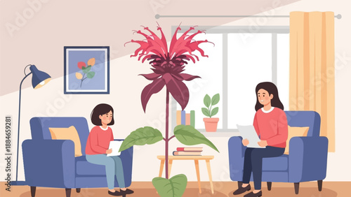 Two people sit in armchairs, reading papers, with a large flower and houseplant
