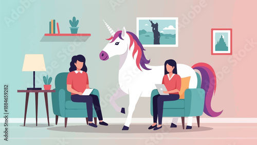 Two people sit in armchairs, with a mythical unicorn standing between them in a room