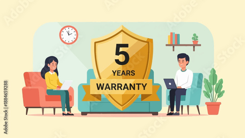 Two people sit on sofas using laptops with a large warranty shield