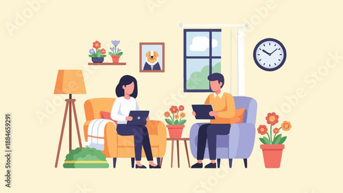 Two people sit in armchairs using laptops, with home decor