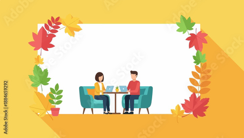 Two people sit in armchairs, working on laptops at a table, with autumn leaves