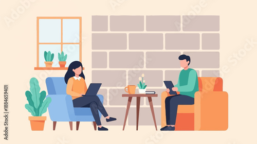 Two people sitting in armchairs, each using a laptop