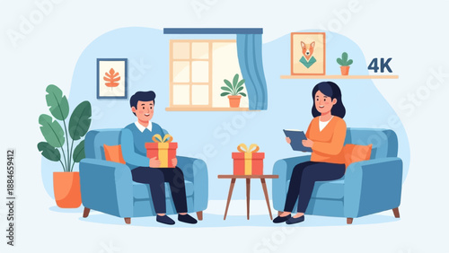 Two people sitting in armchairs with gifts and a tablet
