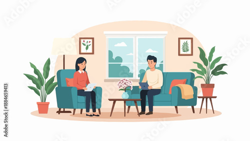 Two people sit in comfortable armchairs in a cozy living room, each using a laptop, with plants