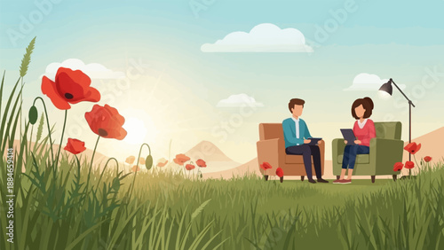 Two people sit in comfortable chairs outdoors in a field of poppies