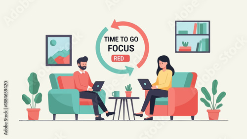 Two people sit in comfortable chairs, laptops open, focused on work