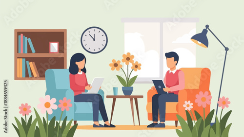 Two people sitting in armchairs, working on laptops, in a cozy room