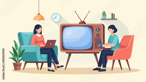 Two people sitting in chairs, one with laptop, other with tablet near old tv