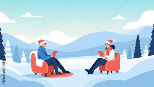 Two people sit in cozy chairs reading in a serene, snow-covered winter landscape