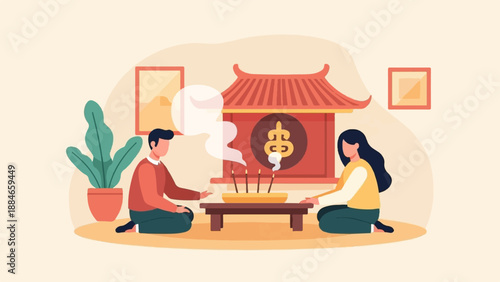 Two people sit in prayer before a shrine with incense burning