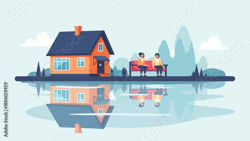 Two people sit on a bench beside a house reflected in water