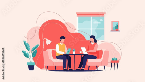 Two people sit in soft chairs in a room, interacting with devices and papers