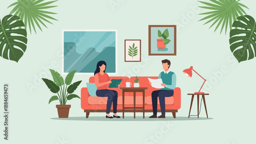 Two people sit on a couch and discuss documents in a room with plants