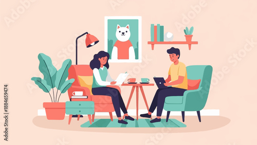 Two people sitting in chairs, working and reading with decor