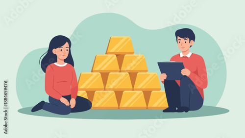 Two people sit near a large stack of gold bars