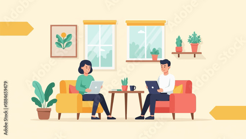 Two people sitting in comfortable chairs using laptops and plants in pots