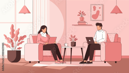 Two people sitting in comfortable chairs using laptops in a modern, pink-toned living space