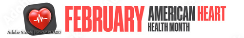 American Heart Health Month web banner for February awareness, modern horizontal design with glossy red heart and bold typography for website and social media. Wide banner Heart month America USA