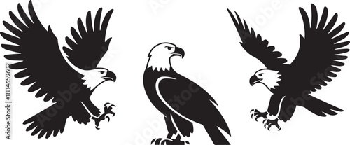3 Eagle Silhouettes in Different Poses – Flat Bird of Prey Icons, Minimal Vector Icons.
