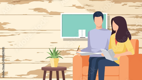 Two people sit on a sofa, reviewing documents with a whiteboard behind