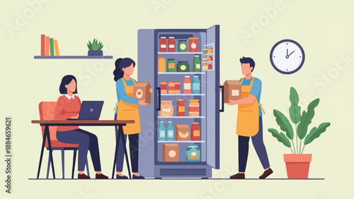 Two people stocking a refrigerator while another works on a laptop