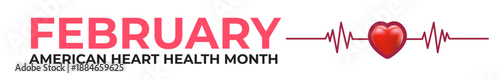 Panoramic horizontal banner for Heart Health Month in February, red 3D heart with pulse line and bold red text isolated on white background. American Heart month text banner