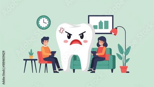 Two people sit on chairs, looking at tablets, next to an angry tooth