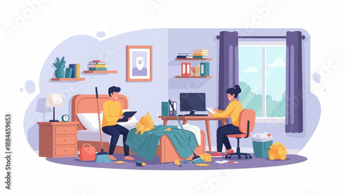 Two people tidying up a messy bedroom with a cat watching