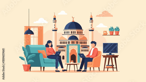 Two people use laptops in a living room with a mosque in the background
