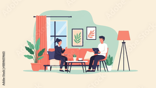 Two people talk in a modern living room with plants and art