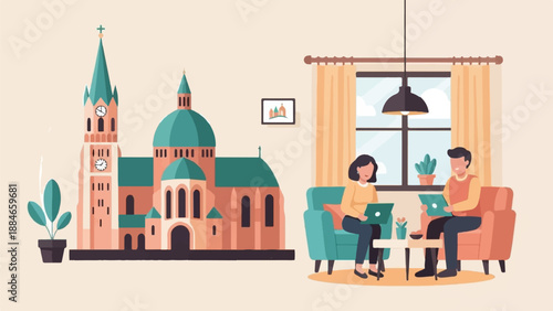 Two people using laptops indoors with a large building and plants outside