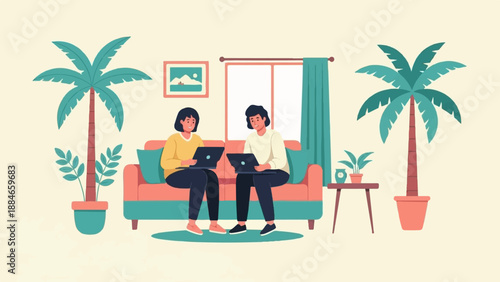 Two people using laptops on a sofa in a room with palm trees